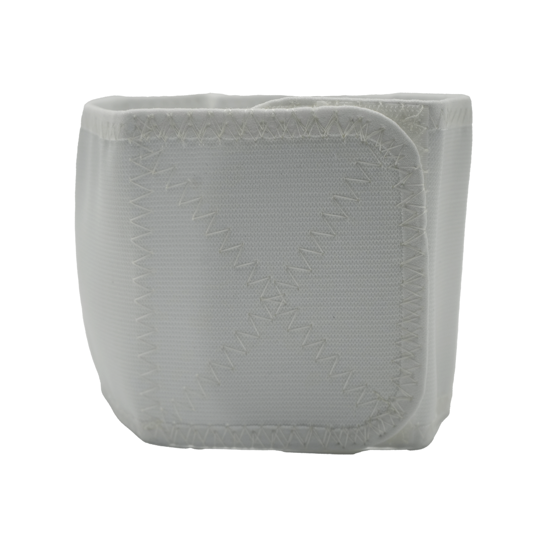 White fabric infant shoulder immobilizer with reinforced stitching and hook-and-loop closure, made in the USA, best.