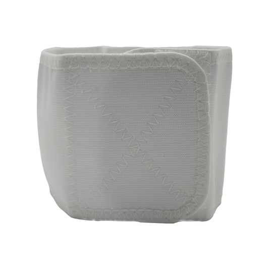 White fabric infant shoulder immobilizer with reinforced stitching and hook-and-loop closure, made in the USA, best.