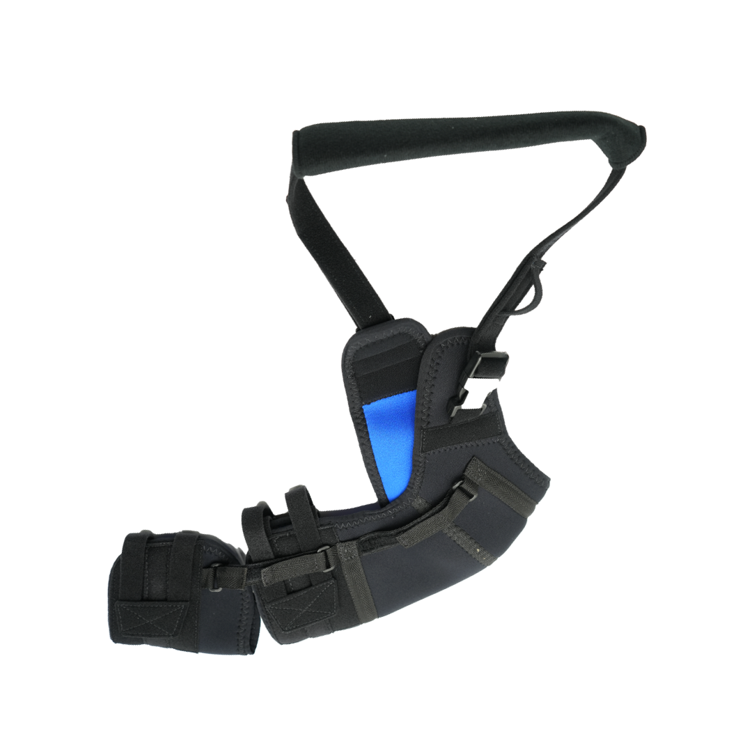 Black and blue neoprene shoulder stabilizer with adjustable straps and secure fasteners, designed for right shoulder.