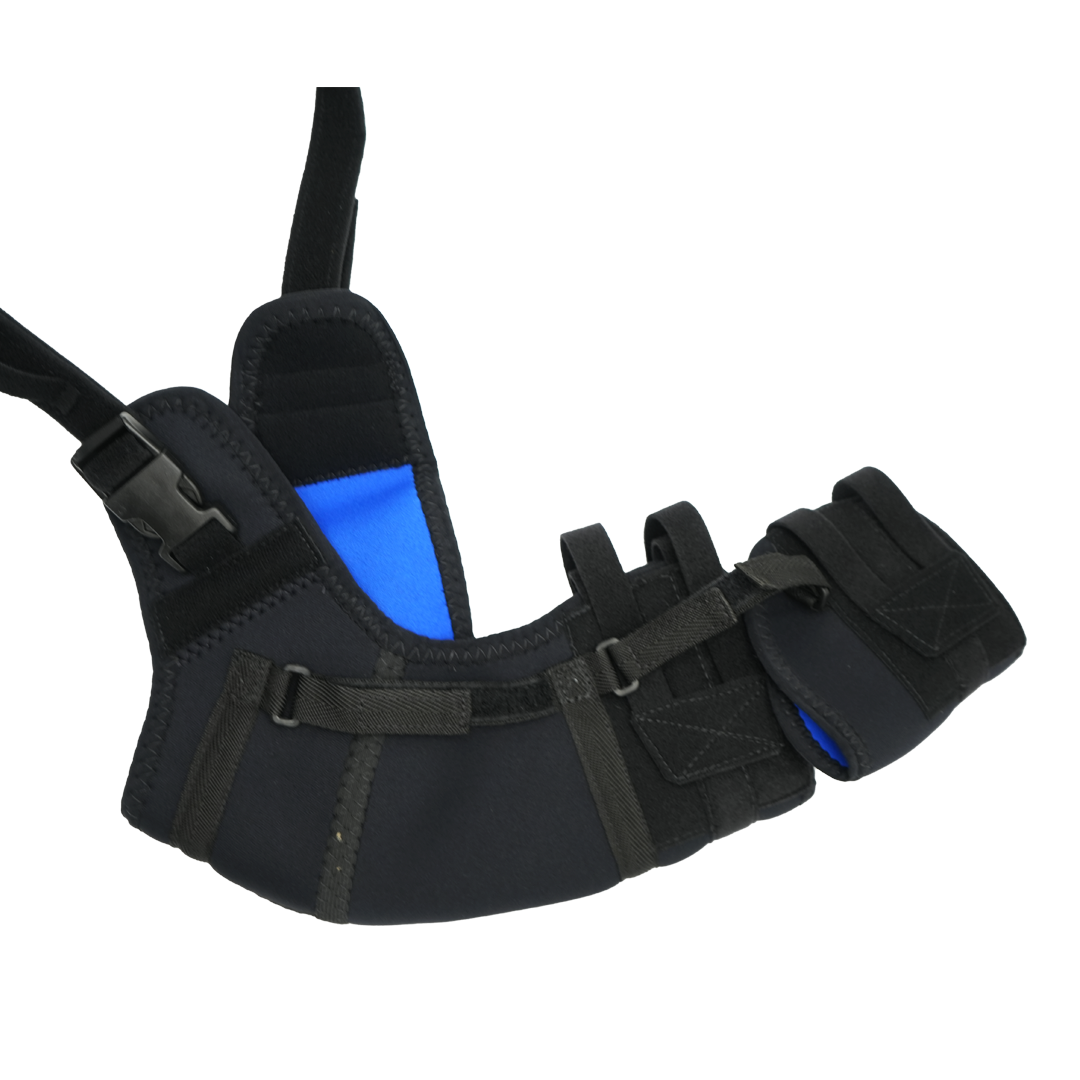 Black and blue neoprene shoulder stabilizer brace with adjustable straps and secure hook-and-loop closures, designed for.