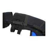 Black neoprene shoulder stabilizer with adjustable straps and hook-and-loop closures, designed for support and compression,.