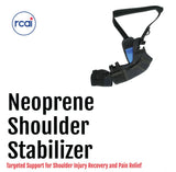 Black neoprene shoulder stabilizer with adjustable straps and padded support, featuring rcaI logo, made in the USA, best.