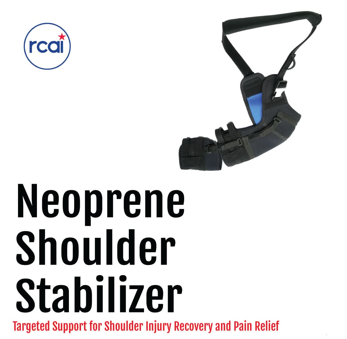 Black neoprene shoulder stabilizer with adjustable straps and padded support, featuring rcaI logo, made in the USA, best.