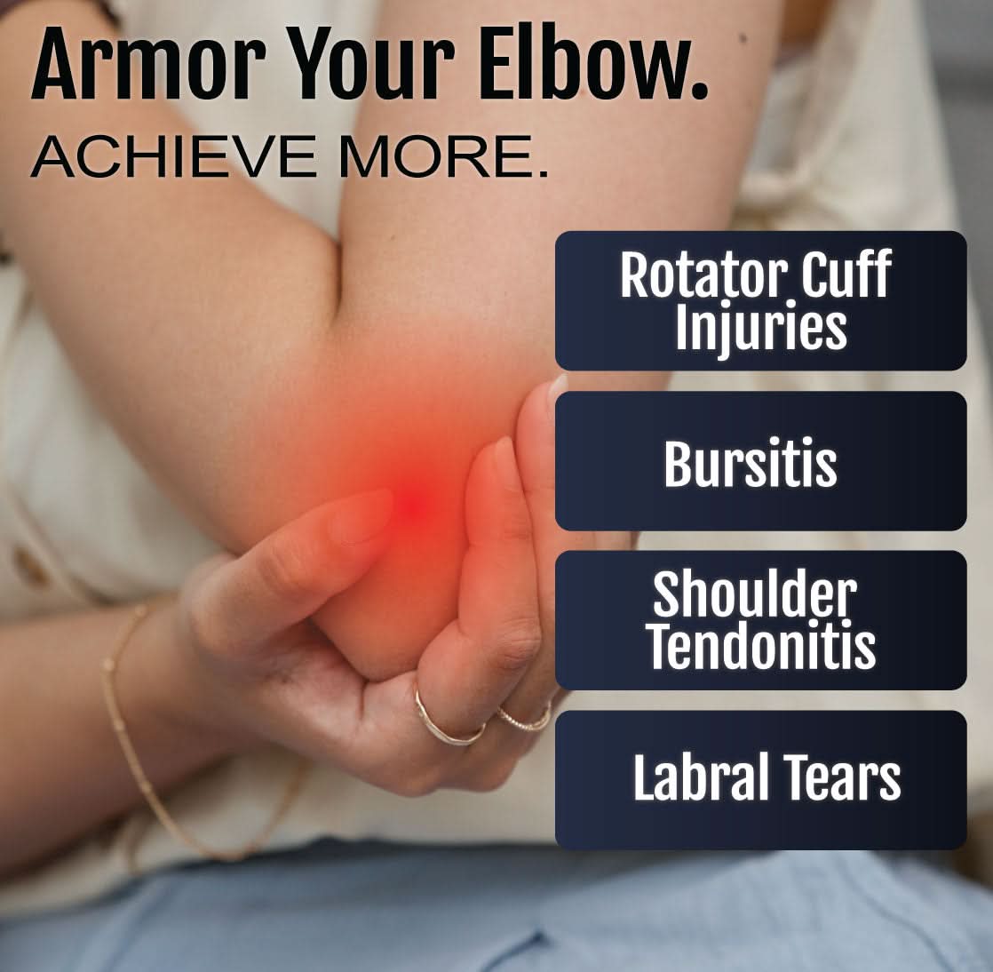 Close-up of arm wearing black neoprene shoulder stabilizer with red glow highlighting elbow pain areas, featuring support.