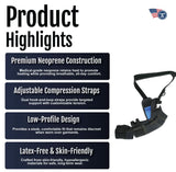 Black neoprene shoulder stabilizer with adjustable compression straps, low-profile design, and latex-free materials, made in .