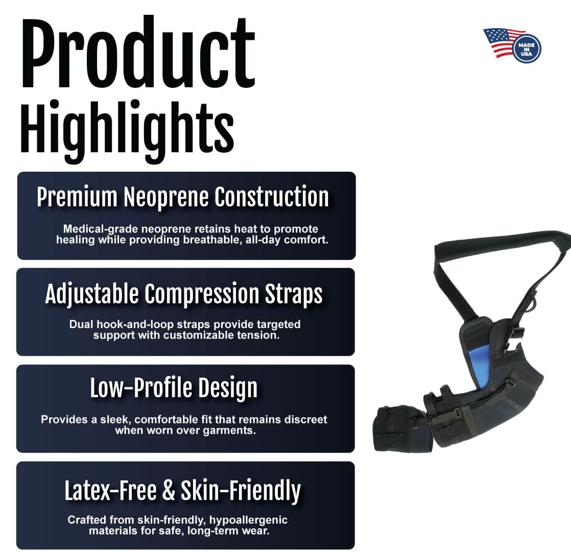 Black neoprene shoulder stabilizer with adjustable compression straps, low-profile design, and latex-free materials, made in .