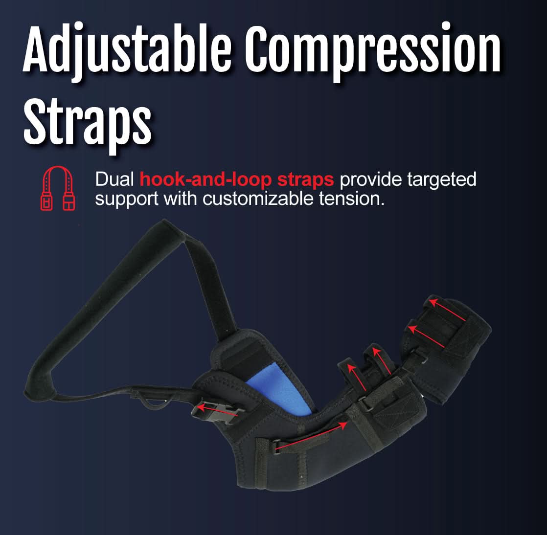 Black neoprene shoulder stabilizer with adjustable dual hook-and-loop compression straps, blue padding inside, red accents.
