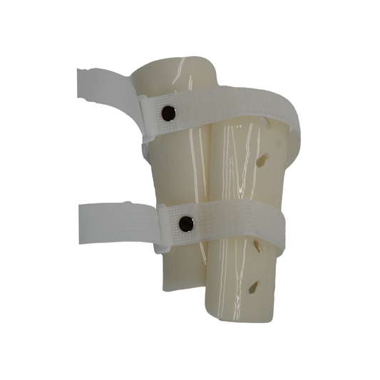 Pediatric forearm fracture orthosis in beige rigid plastic with two white adjustable straps featuring black snap closures,.