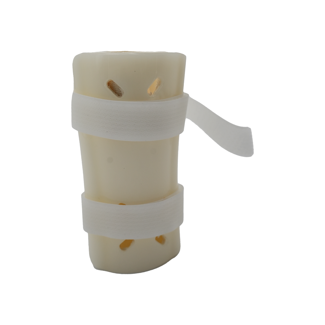 Cream-colored pediatric forearm fracture orthosis with white adjustable straps, made in the USA, RCAI, best orthopedic.