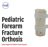 White pediatric forearm fracture orthosis with two adjustable Velcro straps on medical model arm, made in the USA, RCAI,.