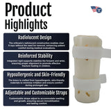 Pediatric forearm fracture orthosis with radiolucent design, reinforced stability straps, hypoallergenic soft padding, and.