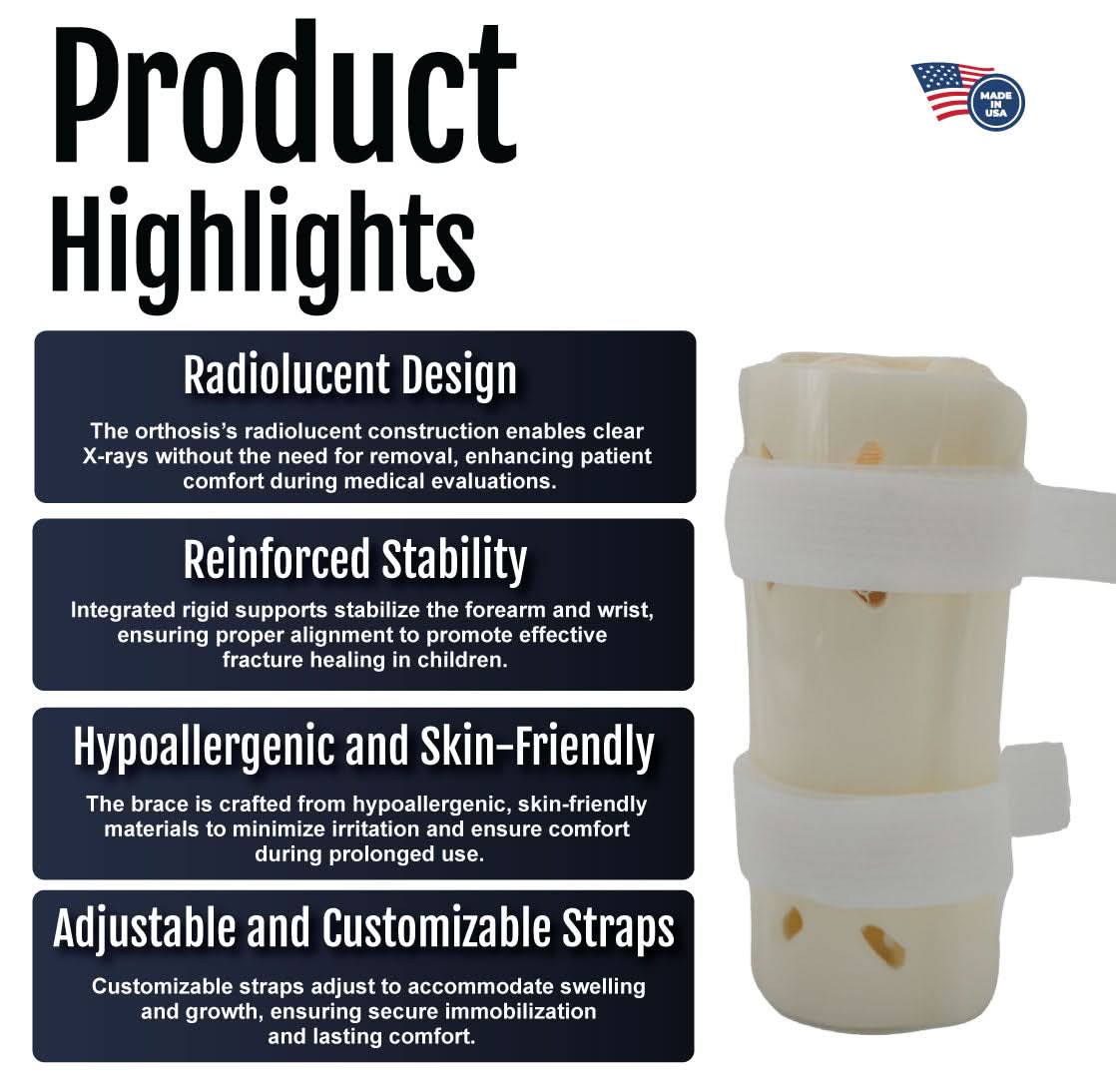 Pediatric forearm fracture orthosis with radiolucent design, reinforced stability straps, hypoallergenic soft padding, and.