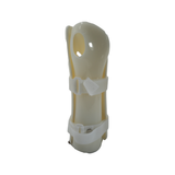 Cream-colored pediatric wrist brace with contoured plastic shell and adjustable white Velcro straps, made in the USA, best.