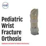 White pediatric wrist fracture orthosis with ventilation holes and adjustable straps, made in the USA, RCAI B2B orthopedics.
