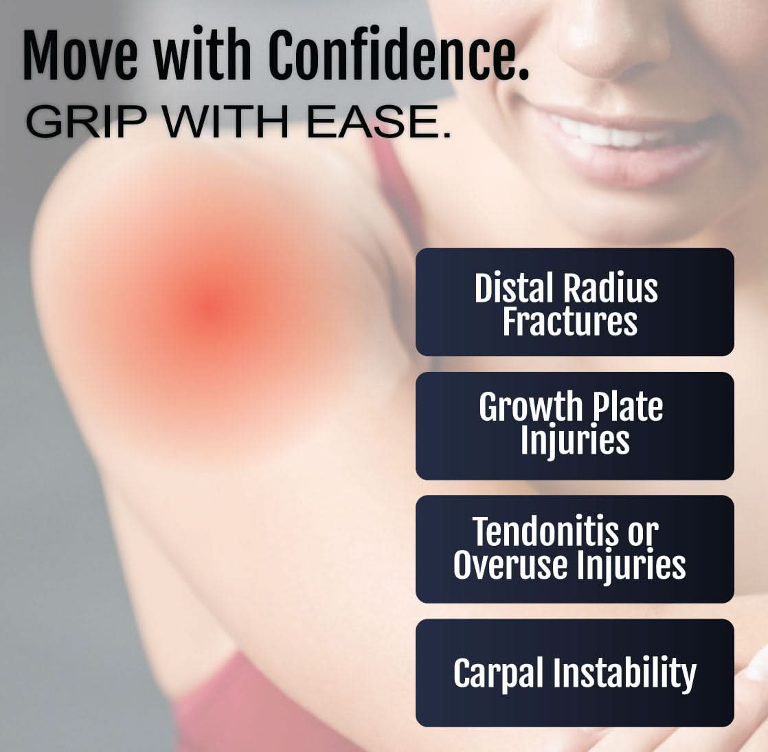 Pediatric wrist brace on smiling child’s arm highlighting support for distal radius fractures, growth plate injuries,.