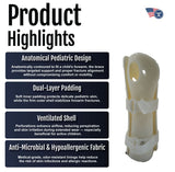 Pediatric wrist brace with anatomical design, dual-layer soft padding, ventilated shell, and hypoallergenic fabric, made in.