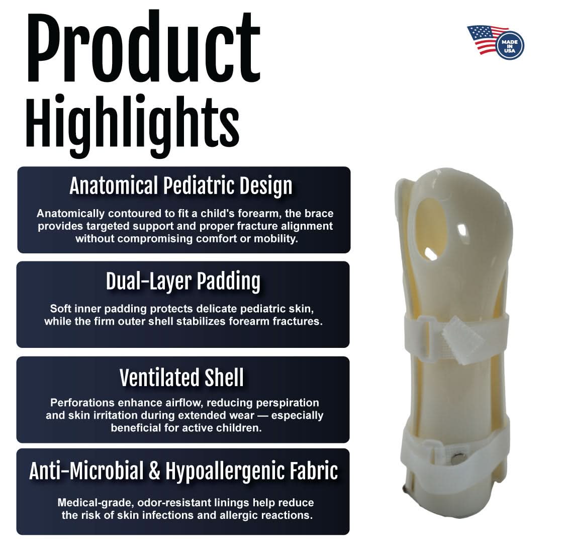 Pediatric wrist brace with anatomical design, dual-layer soft padding, ventilated shell, and hypoallergenic fabric, made in.