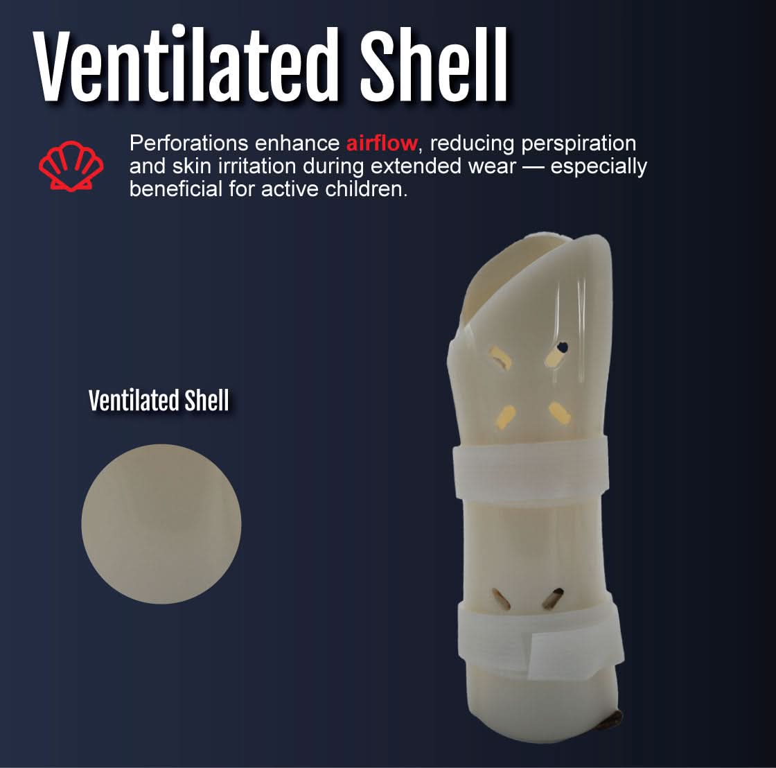 Beige pediatric wrist brace with ventilated shell featuring perforations for airflow, made in the USA by RCAI, best.