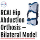 White and blue bilateral hip abduction orthosis with padded thigh cuffs and adjustable metal supports, made in the USA,.