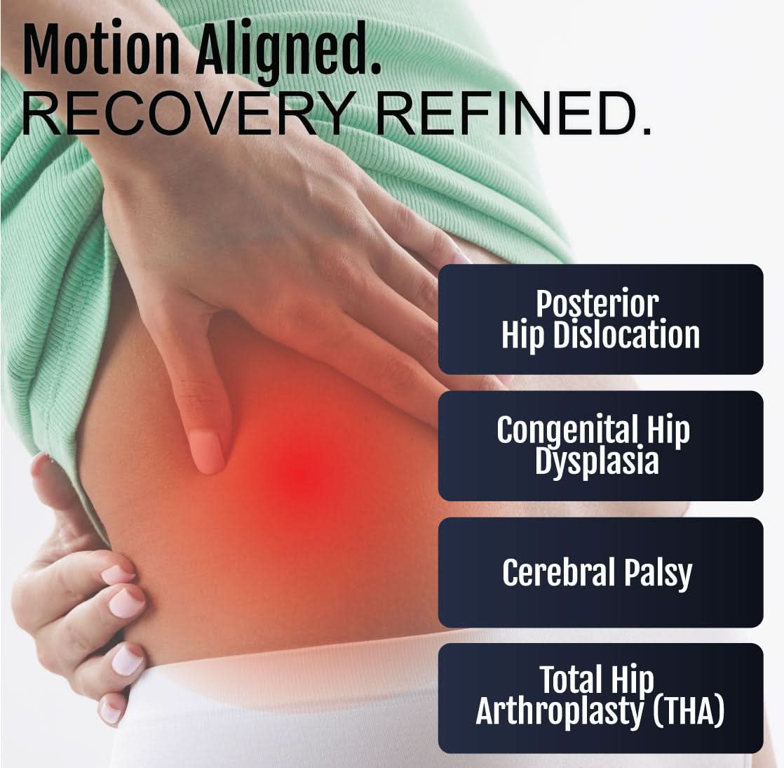Hip abduction orthosis worn on the torso highlighting red pain area on lower back and hip, featuring Made in the USA, RCAI,.