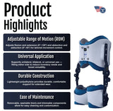 Blue and white bilateral hip abduction orthosis with adjustable black straps and supportive padding, made in the USA by.