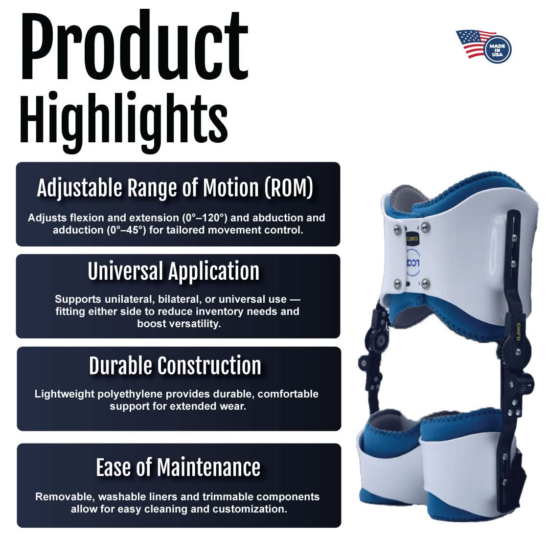 Blue and white bilateral hip abduction orthosis with adjustable black straps and supportive padding, made in the USA by.