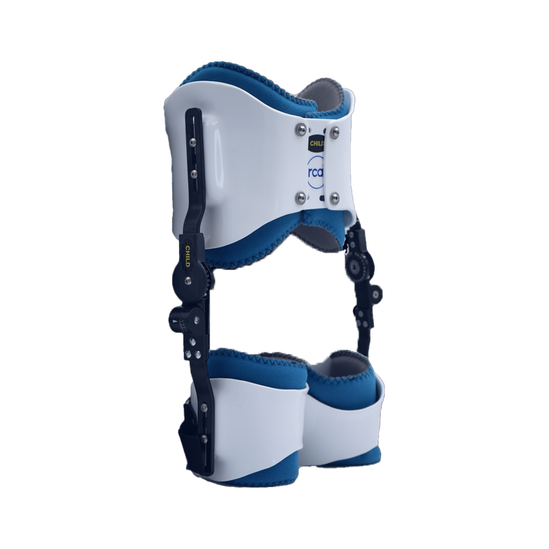 White and navy bilateral hip abduction orthosis with adjustable black metal hinges, cushioned blue foam lining, made in the.