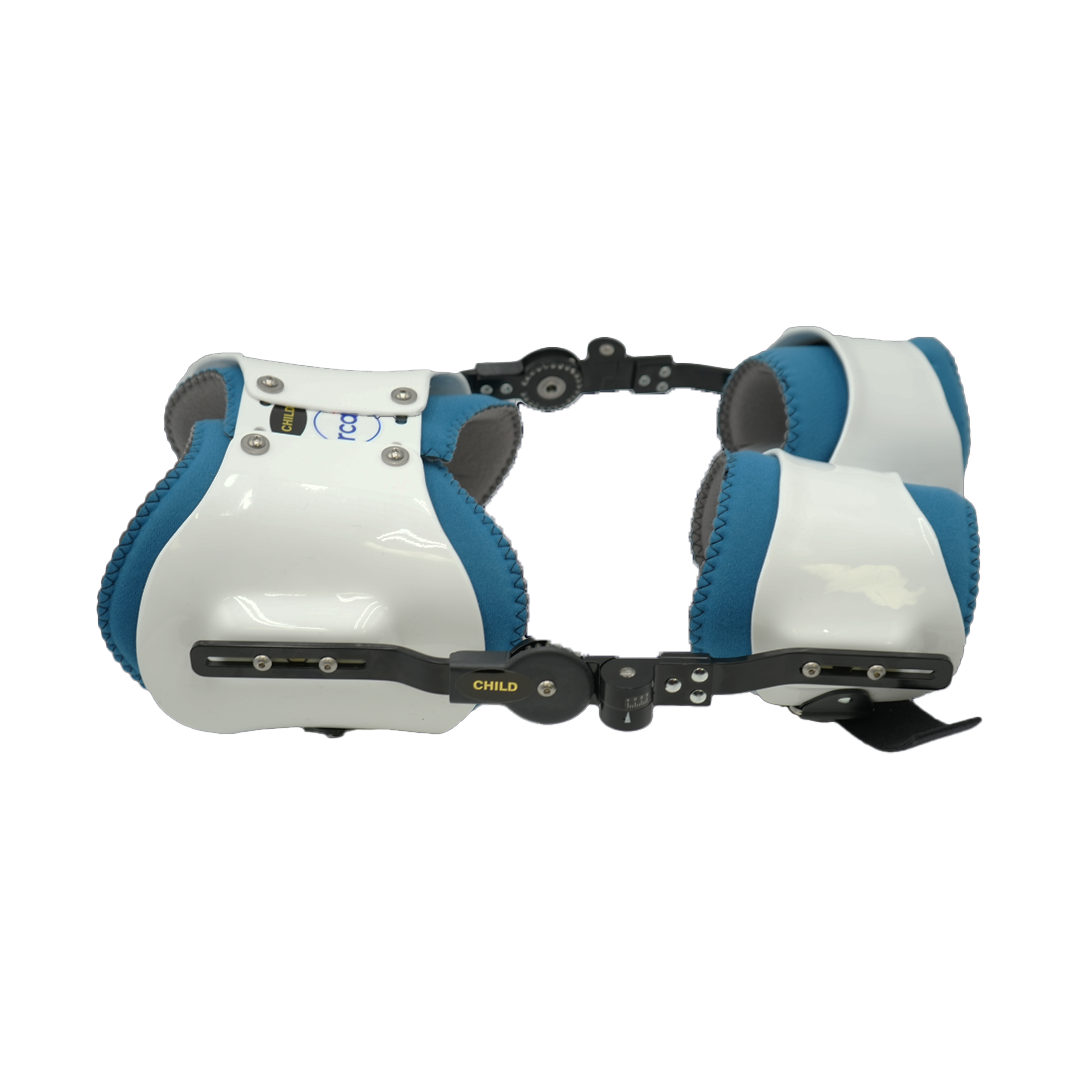 White and blue bilateral hip abduction orthosis with black adjustable metal hinges, padded interior, made in the USA, RCAI.
