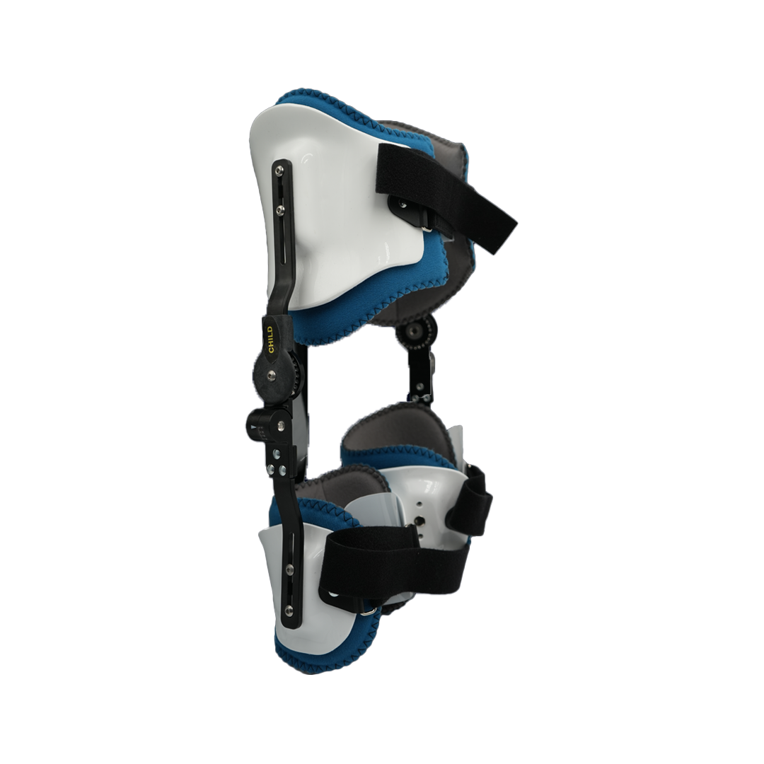 Hip abduction orthosis bilateral model with white molded plastic shells, blue padded lining, black adjustable straps, and.