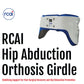 White and blue hip abduction orthosis girdle with metal adjustment hardware, made in the USA, RCAI, best orthopedic braces.