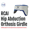 White and blue hip abduction orthosis girdle with adjustable metal hinges, made in the USA, RCAI, best orthopedic braces for .