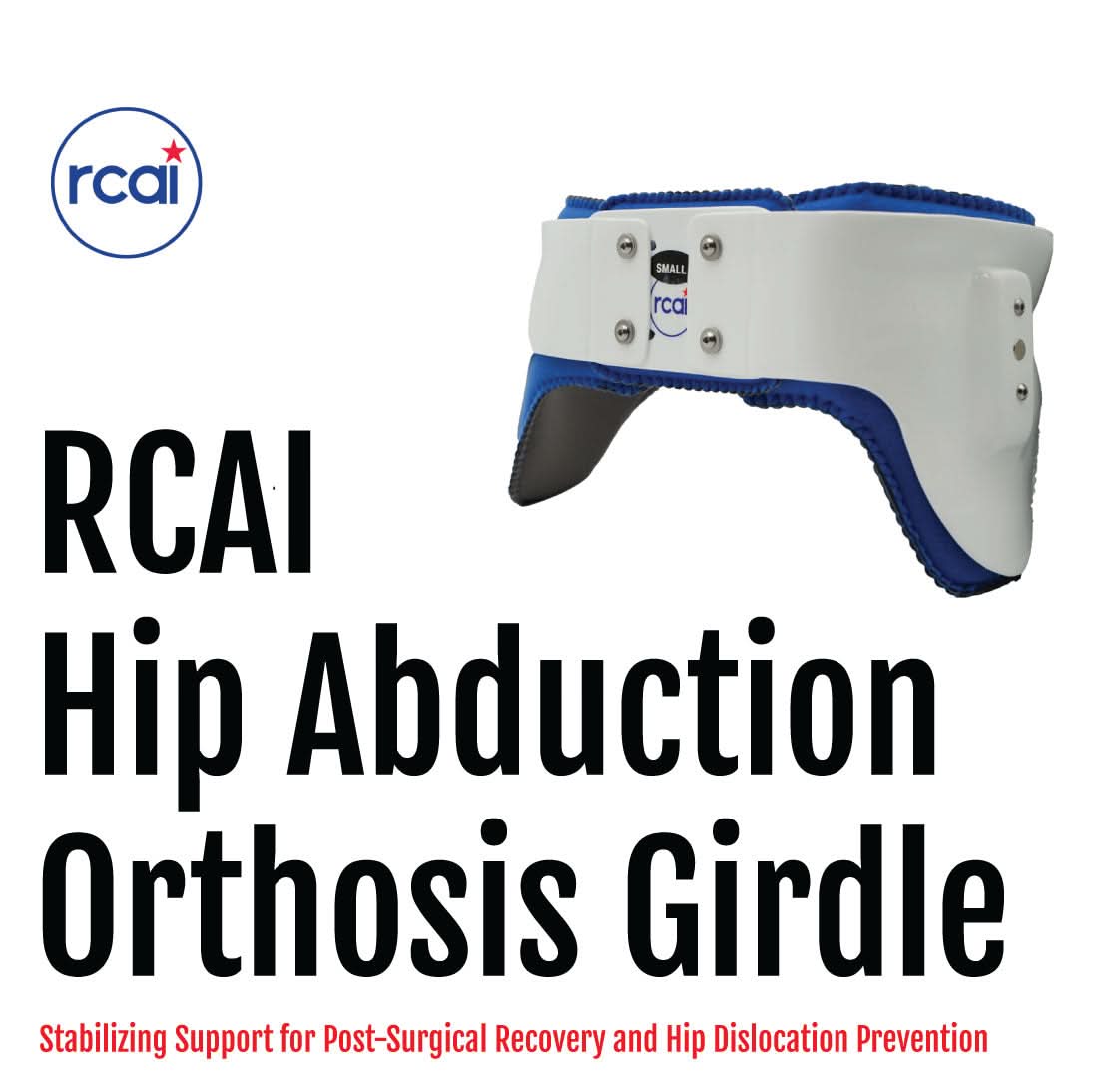 White and blue hip abduction orthosis girdle with metal adjustment hardware, made in the USA, RCAI, best orthopedic braces.