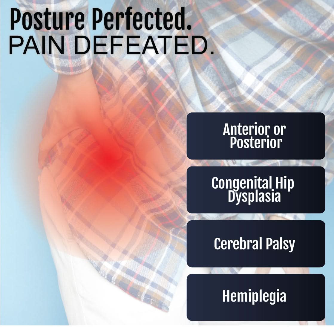 Blue and gray plaid Hip Abduction Orthosis Girdle worn on waist, highlighting pain relief points, made in the USA, best.