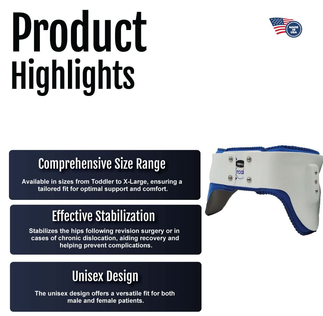 Hip abduction orthosis girdle with adjustable blue and white straps, sturdy support belt, made in the USA, best orthopedic.
