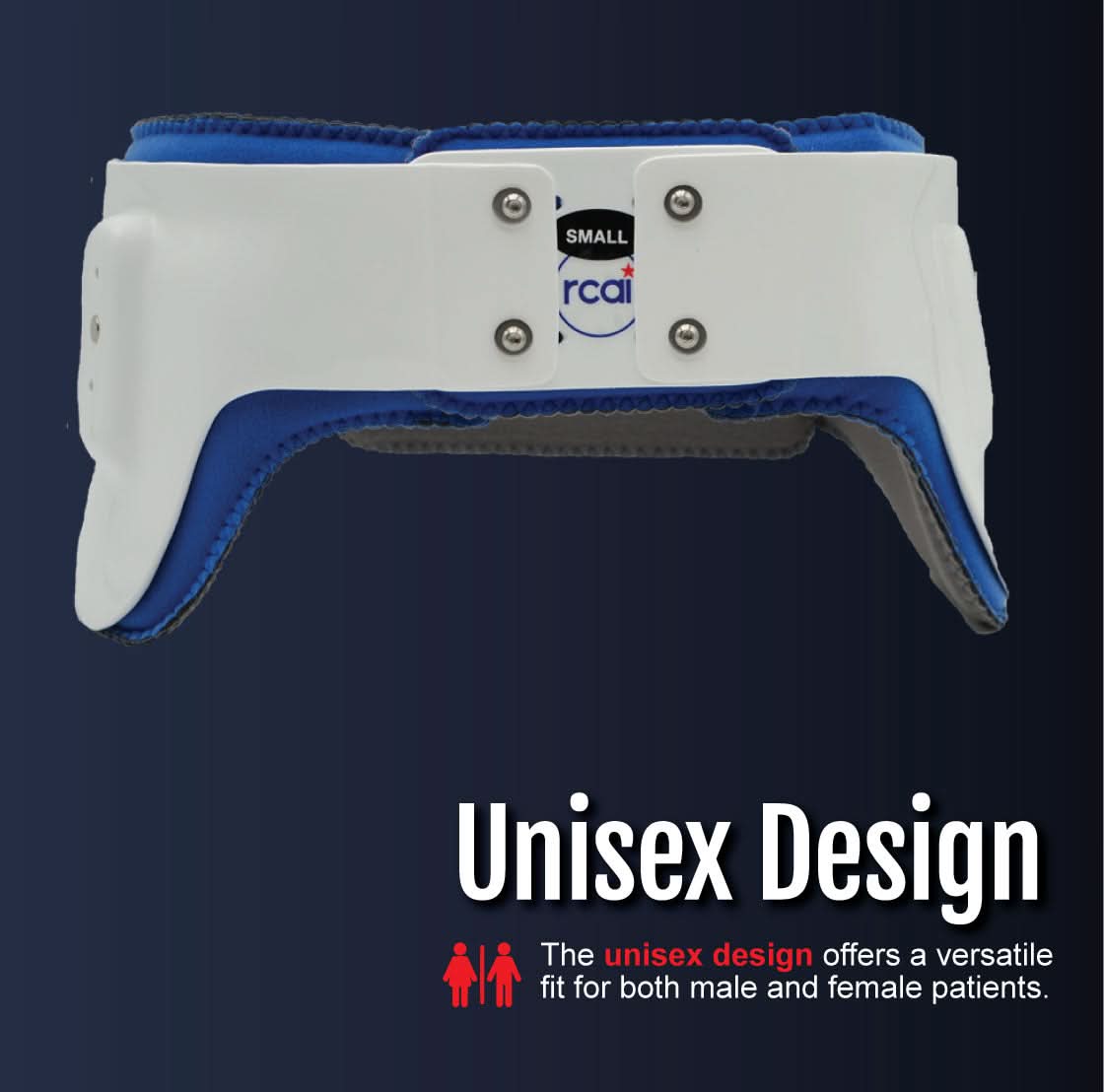 White and blue hip abduction orthosis girdle with adjustable straps, labeled small, featuring rca1 logo; made in the USA,.