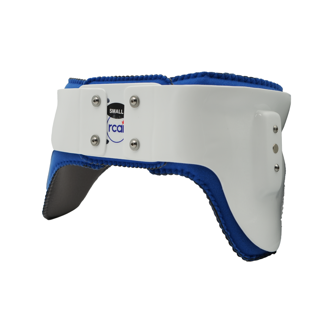 White and blue hip abduction orthosis girdle with adjustable straps, labeled small, made in the USA by RCAI, featured by B2B .