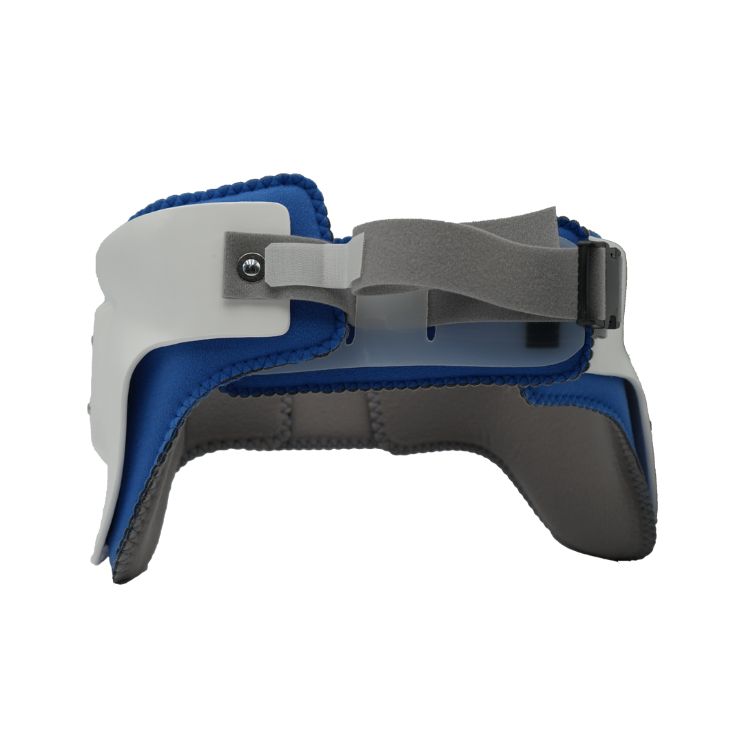 Blue and gray hip abduction orthosis girdle with adjustable gray strap and sturdy outer shell, designed for support, made in .