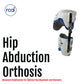White and black hip abduction orthosis brace with adjustable hinges, padded supports, and straps, made in the USA, RCAI.