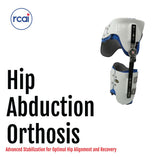 White and black hip abduction orthosis with adjustable straps and metal hinges, made in the USA by RCAI, best orthopedic.