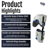 Hip abduction orthosis with adjustable range of motion, circumferential hip adjustment, durable lightweight white.