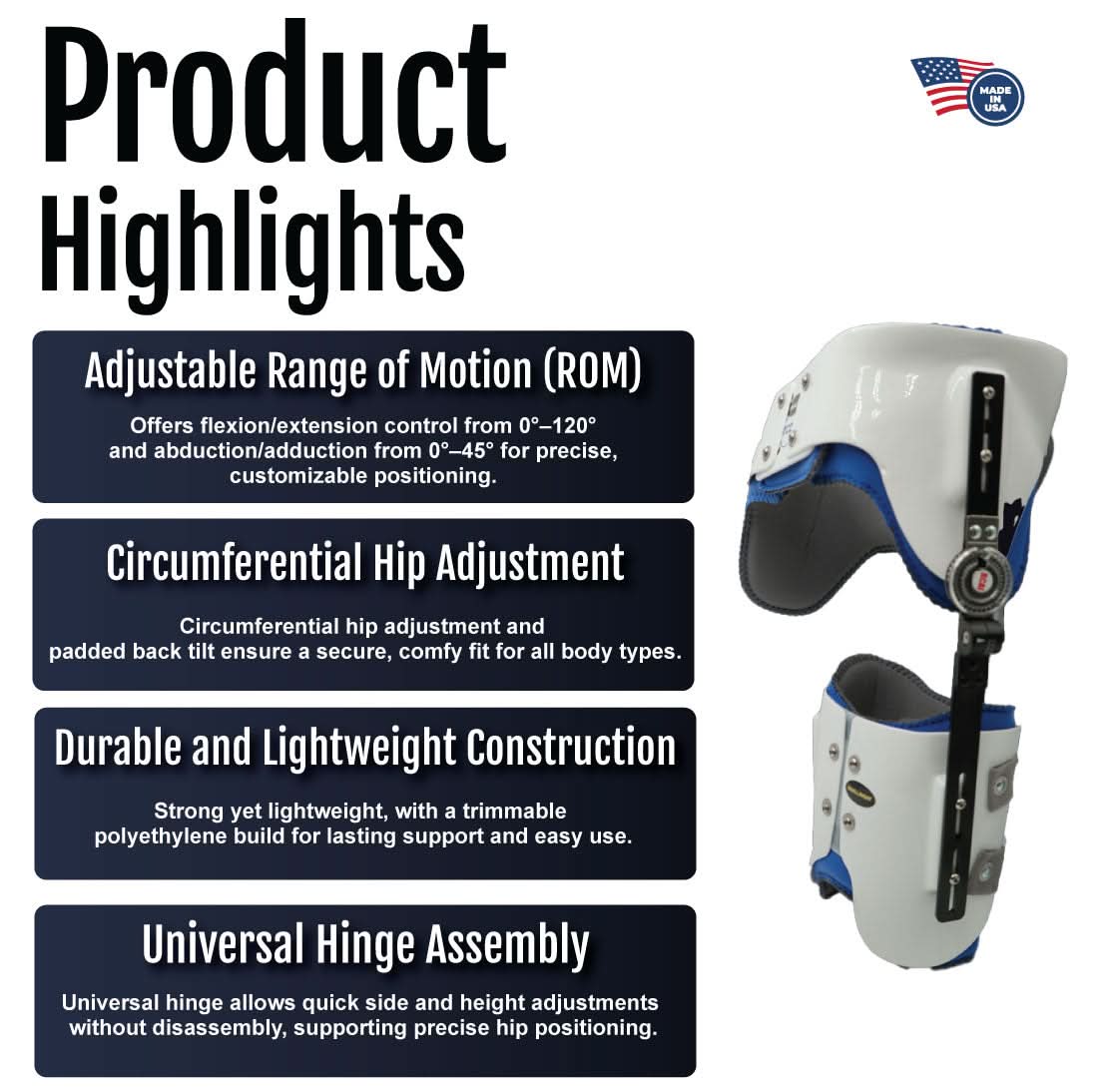 Hip abduction orthosis with adjustable range of motion up to 120°, circumferential hip adjustment with padded back belt,.
