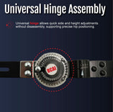 Universal hinge assembly with precise side and height adjustment, metal construction, black straps, made in the USA, RCAI,.
