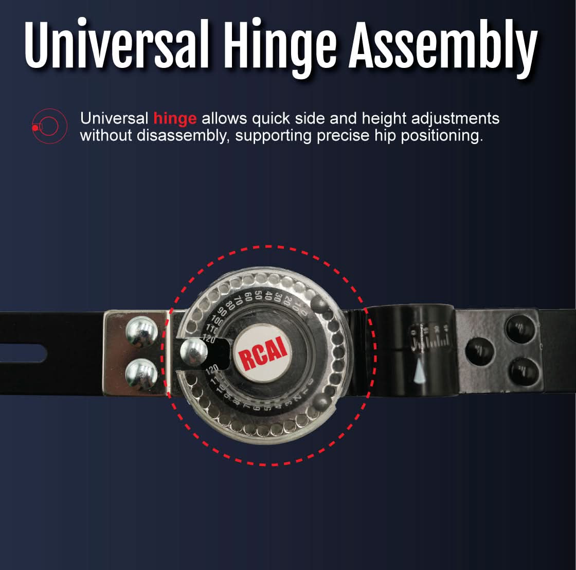 Universal hinge assembly with precise adjustment gear, black metal straps, and silver bolts, made in the USA by RCAI, b2b.