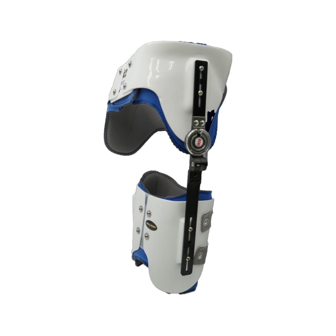 White and blue Hip Abduction Orthosis with adjustable black metal hinges, soft padding, and secure straps, made in the USA.