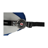 Adjustable metal hinge with RCAI logo on blue padded hip abduction orthosis strap, made in the USA, best orthopedic braces.