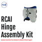 White and navy blue orthopedic hinge assembly kit with black screws, made in the USA, RCAI brand for B2B orthopedics.