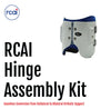 White and navy orthopedic hinge assembly kit for braces, made in the USA, RCAI logo, designed for B2B orthopedics wholesale, .