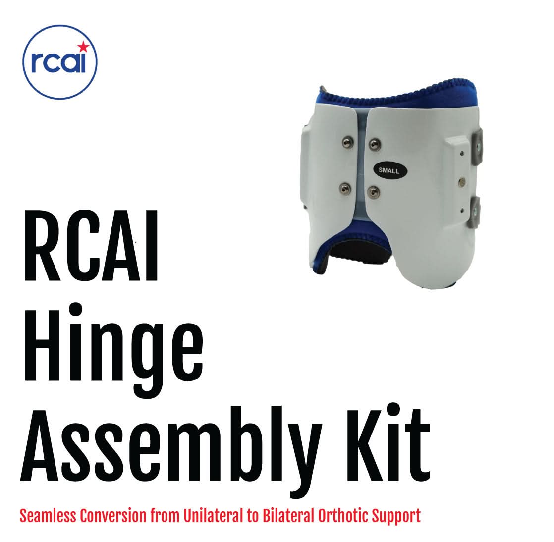 White and navy blue orthopedic hinge assembly kit with black screws, made in the USA, RCAI brand for B2B orthopedics.