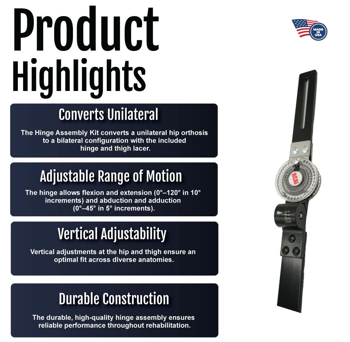 Black hinge assembly kit with adjustable dial, metal components and durable construction, made in the USA, RCAI, B2B.