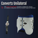 White and navy small-size hip orthosis brace with metal hinge assembly, made in the USA, RCAI, best orthopedic braces for.